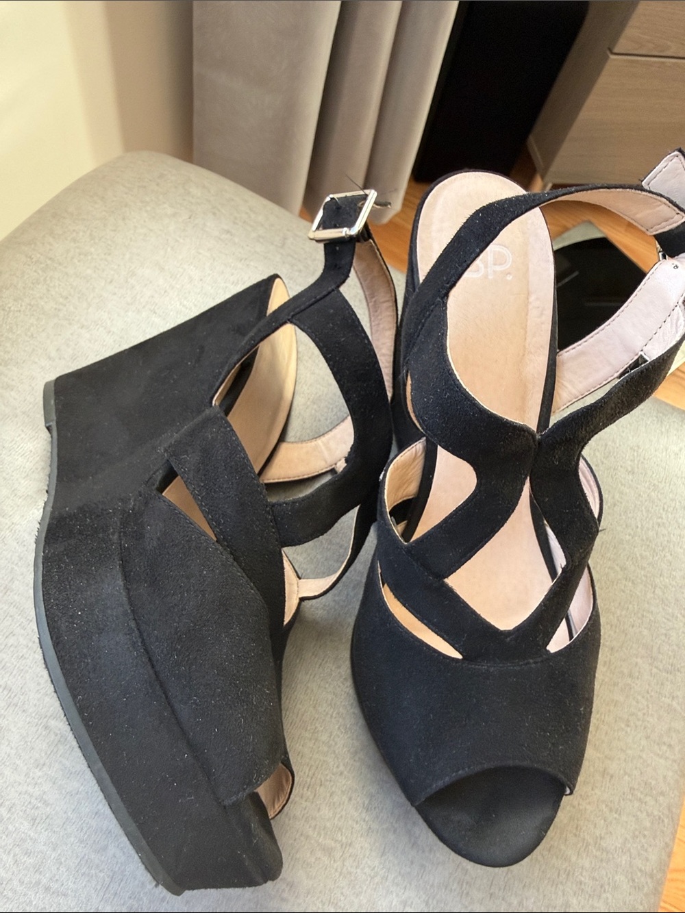bp Black Suede Strappy Peep-Toe Heels - Picture 2 of 6